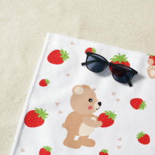 Little teddy bear with berry beach towel