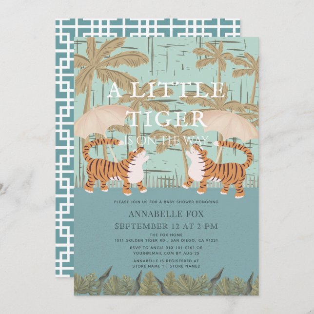 Little Tiger chinoiserie Chic Blue Baby Shower Invitation (Front/Back)