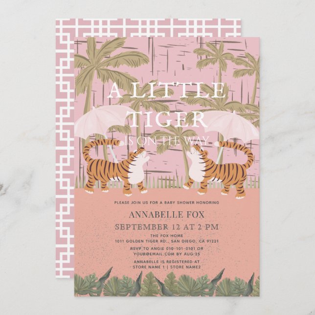Little Tiger chinoiserie Chic Pink Baby Shower Invitation (Front/Back)