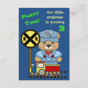 Little Train Engineer Teddy Bear Birthday Party Invitation