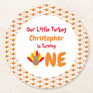 Little Turkey 1st Birthday Round Paper Coaster