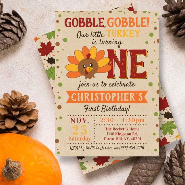 Little Turkey Fall Thanksgiving 1st Birthday Invitation (Creator Uploaded)