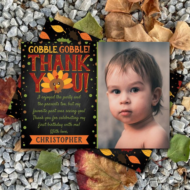 Little Turkey Fall Thanksgiving 1st Birthday Photo Thank You Card (Creator Uploaded)