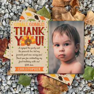 Little Turkey Fall Thanksgiving 1st Birthday Photo Thank You Card