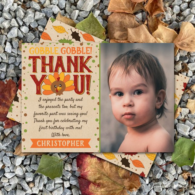 Little Turkey Fall Thanksgiving 1st Birthday Photo Thank You Card (Creator Uploaded)
