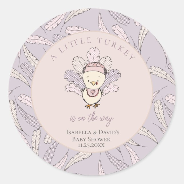 Little Turkey Feathers Autumn Girl Baby Shower Classic Round Sticker (Front)