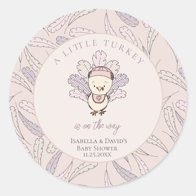 Little Turkey Feathers Autumn Girl Baby Shower Classic Round Sticker (Front)