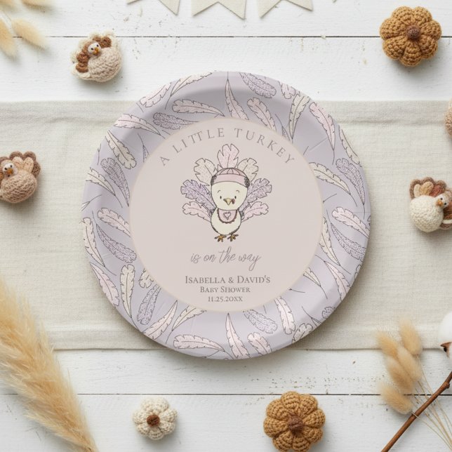 Little Turkey Feathers Autumn Girl Baby Shower Paper Plate (Little Turkey Thanksgiving Baby Shower Plates. Pink, Purple Cute Baby Turkey & Feather Illustration )