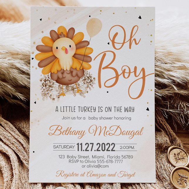 Little Turkey On The Way! Thanksgiving Baby Shower Invitation (A Thanksgiving baby shower invitation with a cute turkey, pumpkins, and autumn leaves, featuring the)