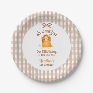 Little Turkey Pumpkin Gingham Birthday Paper Plate