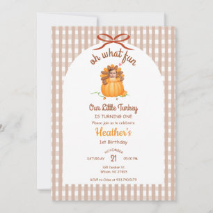 Little Turkey Pumpkin Gingham Birthday Photo Invitation