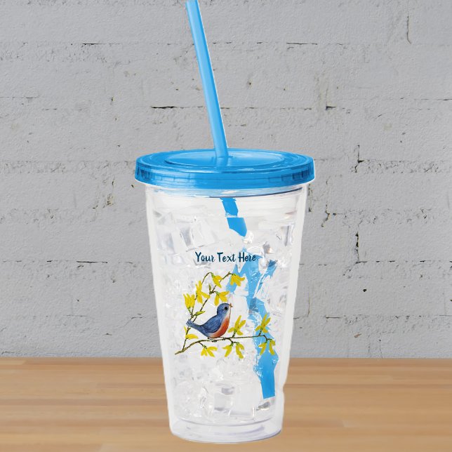 Little Tweeting Blue Red Bird Branch Yellow Flower Acrylic Tumbler (Pretty little red blue bird on branch bright yellow spring  time flowers on acrylic drink tumbler.)
