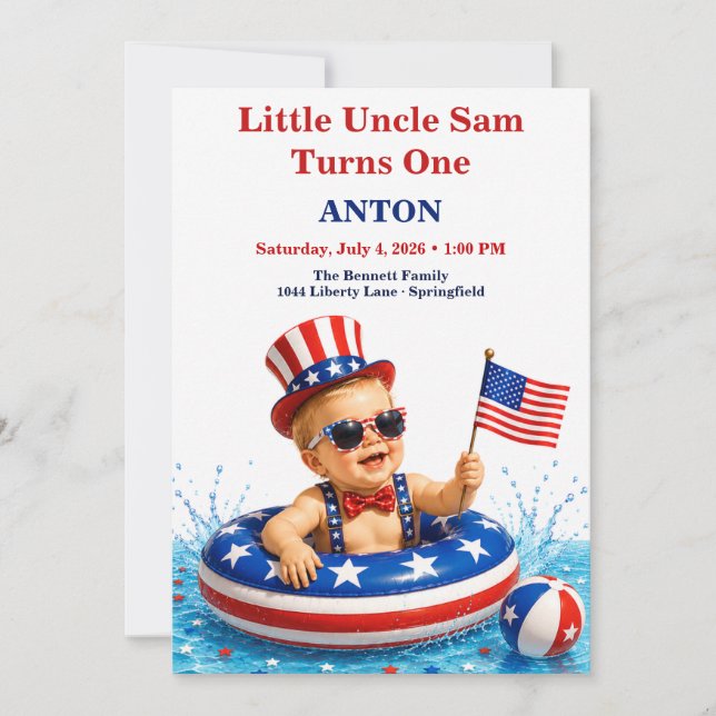 Little Uncle Sam Pool Party First Birthday Invitation (Front)