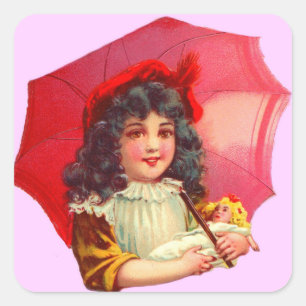 little Victorian girl and her doll Square Sticker