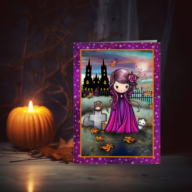 Little Violet Cute Halloween Vampire, Cat, and Owl Card (Creator Uploaded)