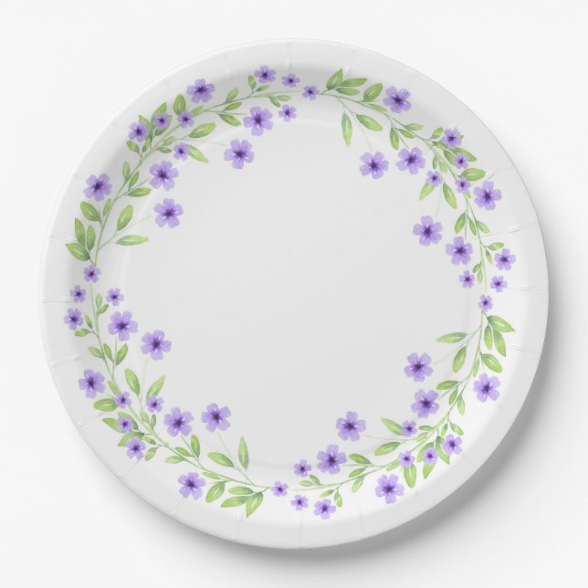 Little Violet Watercolor Blossoms Wreath Paper Plate (Front)