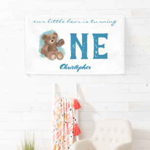Little Watercolor Bear Cute Animal First Birthdat Banner