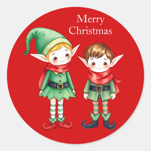 Little Watercolor Merry Christmas Elves Classic Round Sticker (Front)