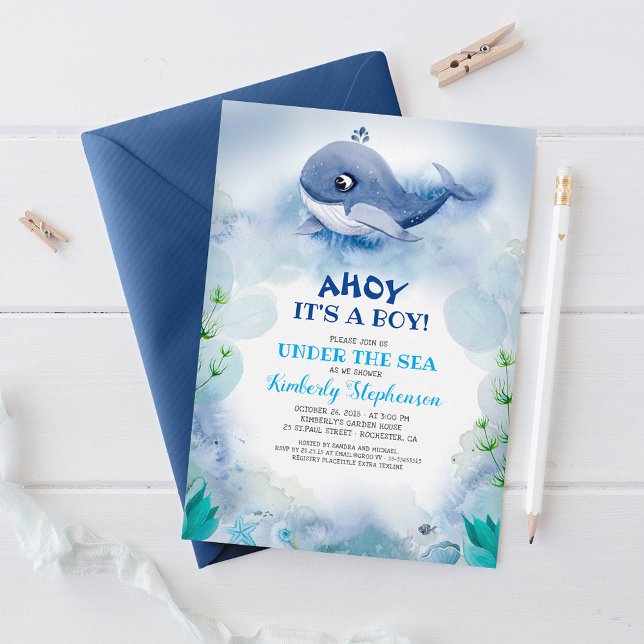 Little Whale Nautical Under the Sea Baby Shower Invitation (Ahoy It's A Boy Cute Little Whale Navy Blue Nautical Baby Shower Invitations)