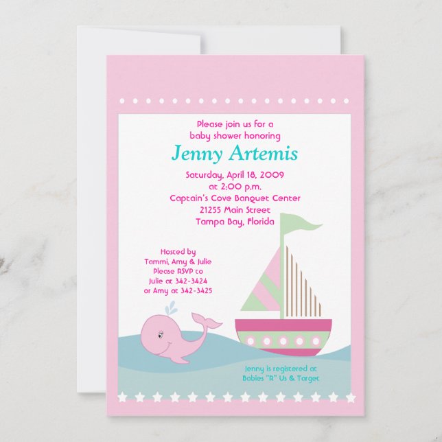 Little Whale Pink Sailboat Baby Shower 5x7 Invitation (Front)