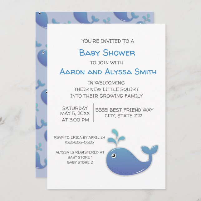 Little Whale / Squirt Blue White Couple's Shower Invitation (Front/Back)