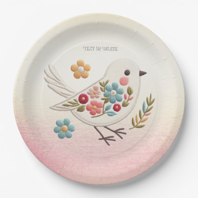 Little White Bird Floral Paper Plate (Front)