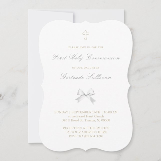 little white bow First Holy Communion Invitation (Front)