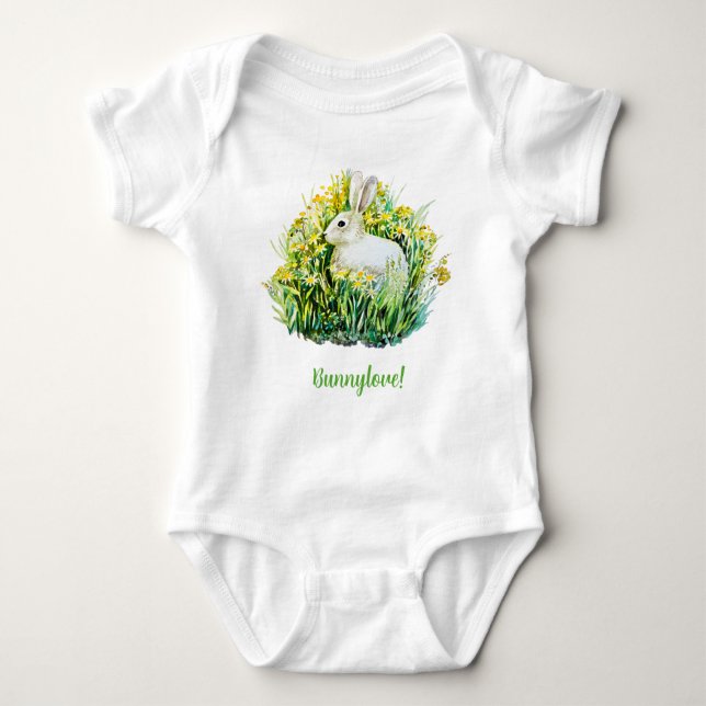Little white bunny and flowers baby bodysuit (Front)