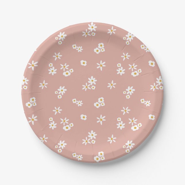 Little White Flowers on pink - seamless pattern. Paper Plate (Front)