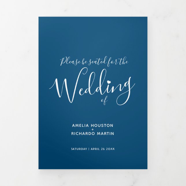 Little white heart script blaue white wedding Tri-Fold programme (Cover)