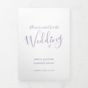 Little white heart script purple white wedding Tri-Fold programme