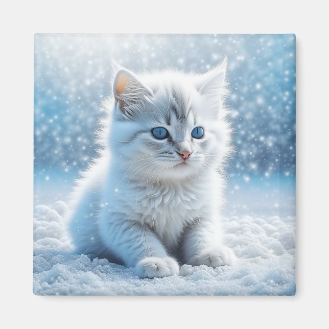Little White Kitten in Snow Christmas Magnet (Front)