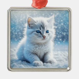 Little White Kitten in Snow Christmas Metal Ornament