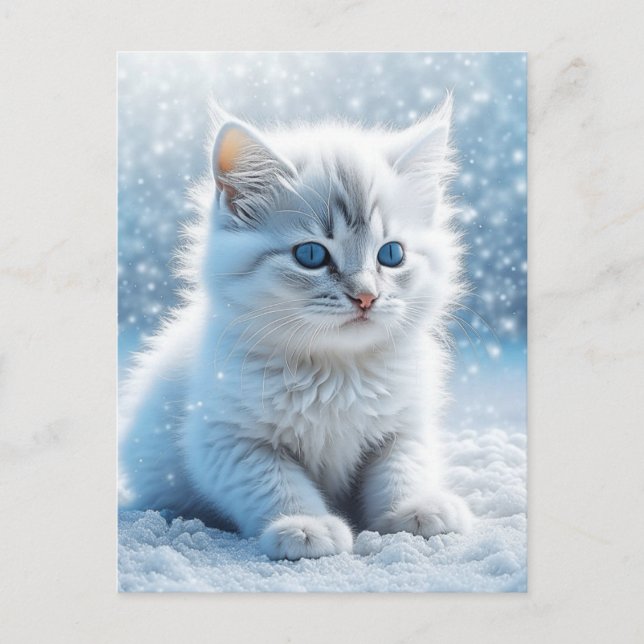 Little White Kitten in Snow Christmas Postcard (Front)