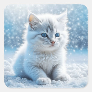 Little White Kitten in Snow Christmas Square Sticker