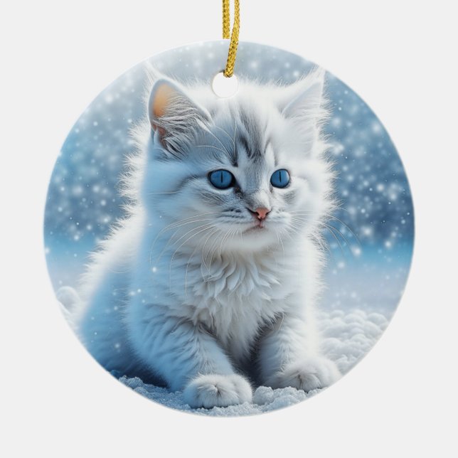Little White Kitten in Snow Personalised Christmas Ceramic Ornament (Front)