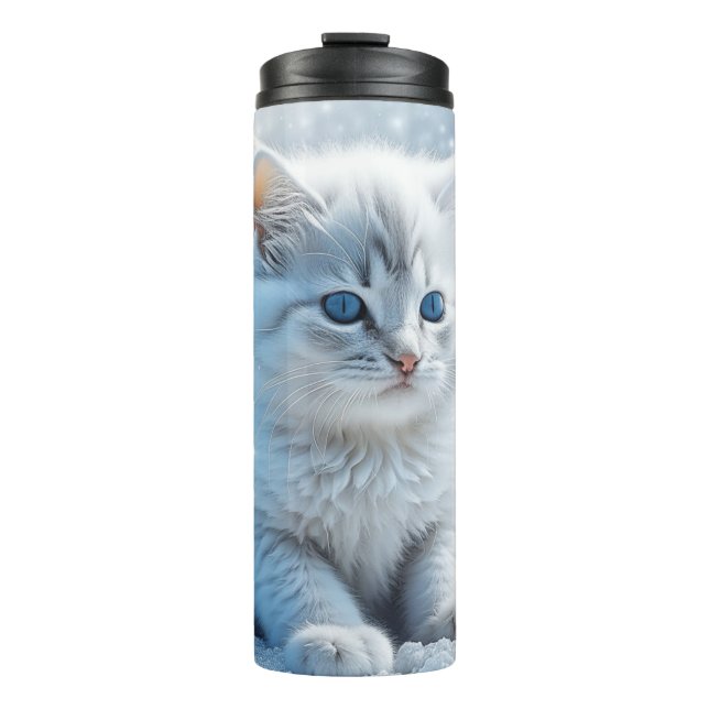 Little White Kitten in Snow Thermal Tumbler (Front)