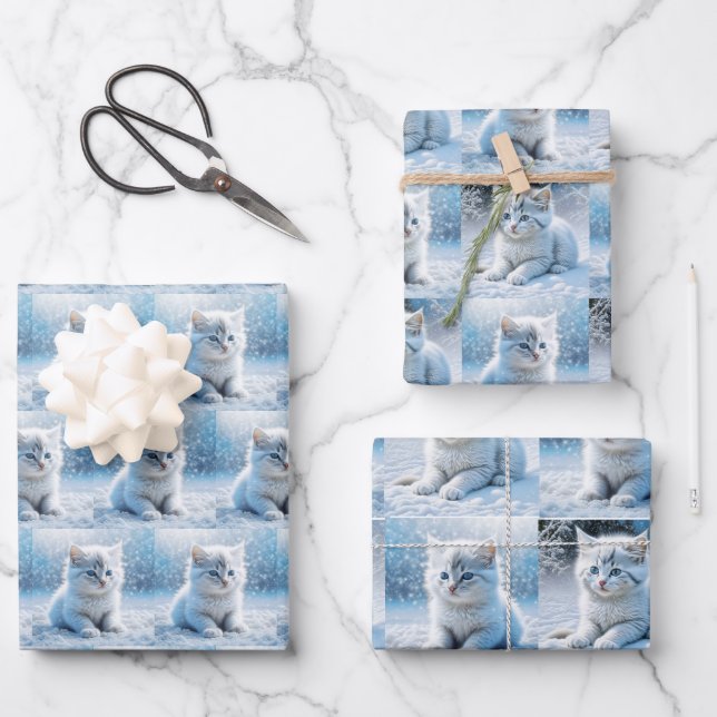 Little White Kittens in Snow Christmas Wrapping Paper Sheet (Front)