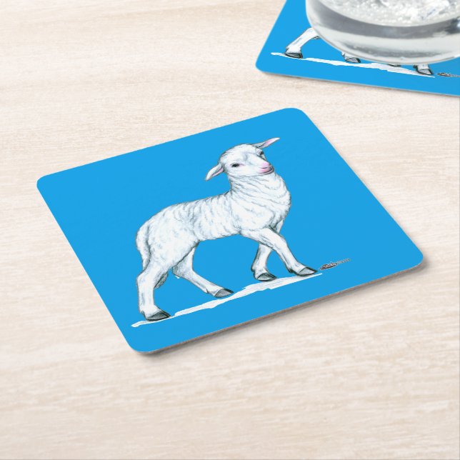 Little White Lamb Square Paper Coaster (Angled)