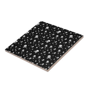 Little White Pirate Skulls on Black Background Ceramic Tile