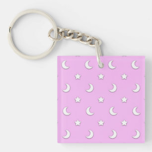 Little White Stars and Moons on Pink Key Ring
