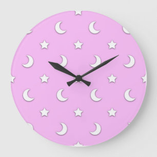 Little White Stars and Moons on Pink Large Clock