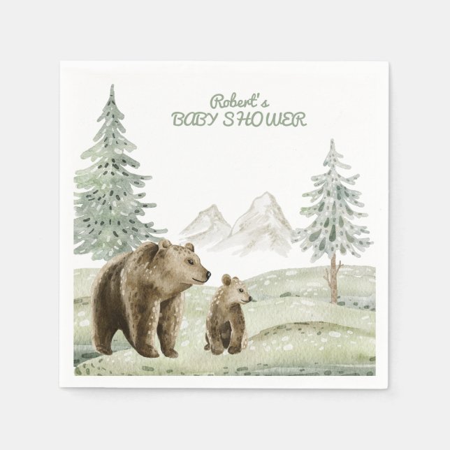Little wild baby bear forest baby shower card napkin (Front)