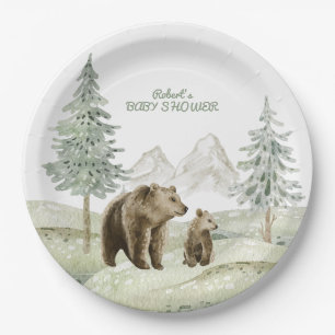 Little wild baby bear forest baby shower card paper plate