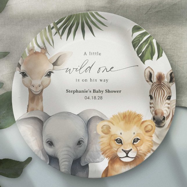 Little Wild One Safari Animals Baby Boy Shower Paper Plate (A little Wild One is on her way, Safari animal baby boy shower party paper plates.)