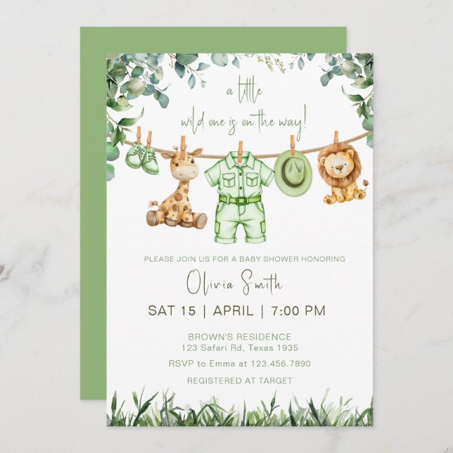Little Wild One Safari Cute Animals Baby Shower  Invitation (Front/Back)
