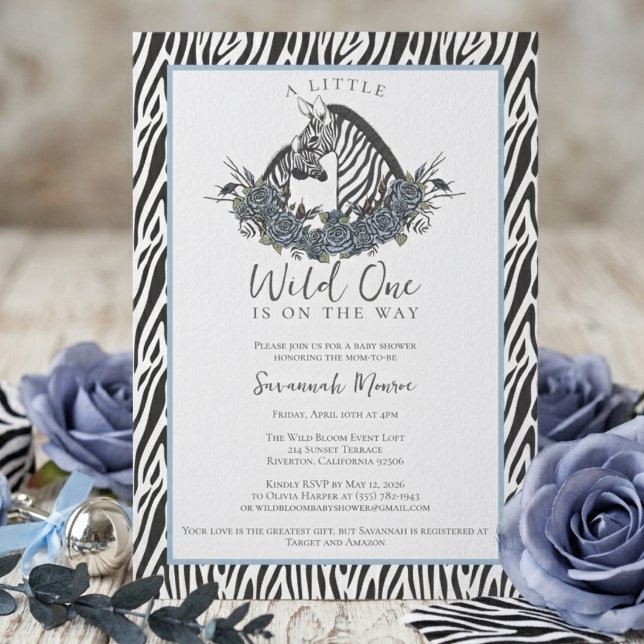 Little Wild One Zebra Safari Baby Shower Party Invitation (Little wild one zebra safari baby shower invitation boy blue jungle animal wild one party theme)