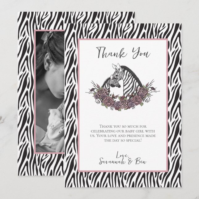 Little Wild One Zebra Safari Baby Shower Photo Thank You Card (Front/Back)