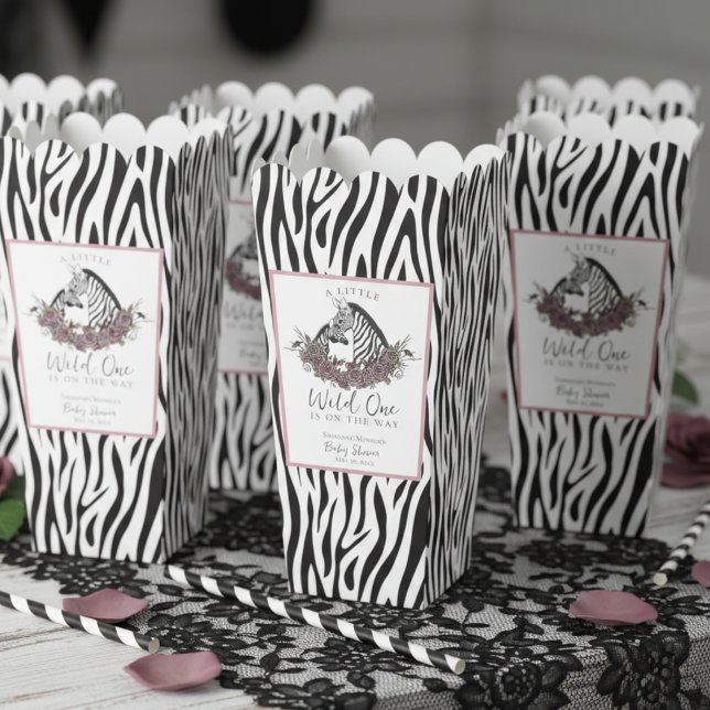 Little Wild One Zebra Safari Baby Shower Popcorn Favour Box (Modern Trendy Black and White Zebra Print A Little Wild One Baby Shower Popcorn Favor Boxes for Her)