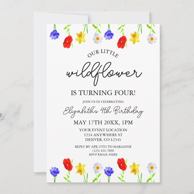 Little Wildflower 4th Birthday Invitation (Front)